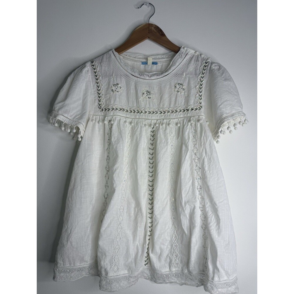 LEIFNOTES Anthropologie White Beaded Embroidered Linen Blend Tunic 12